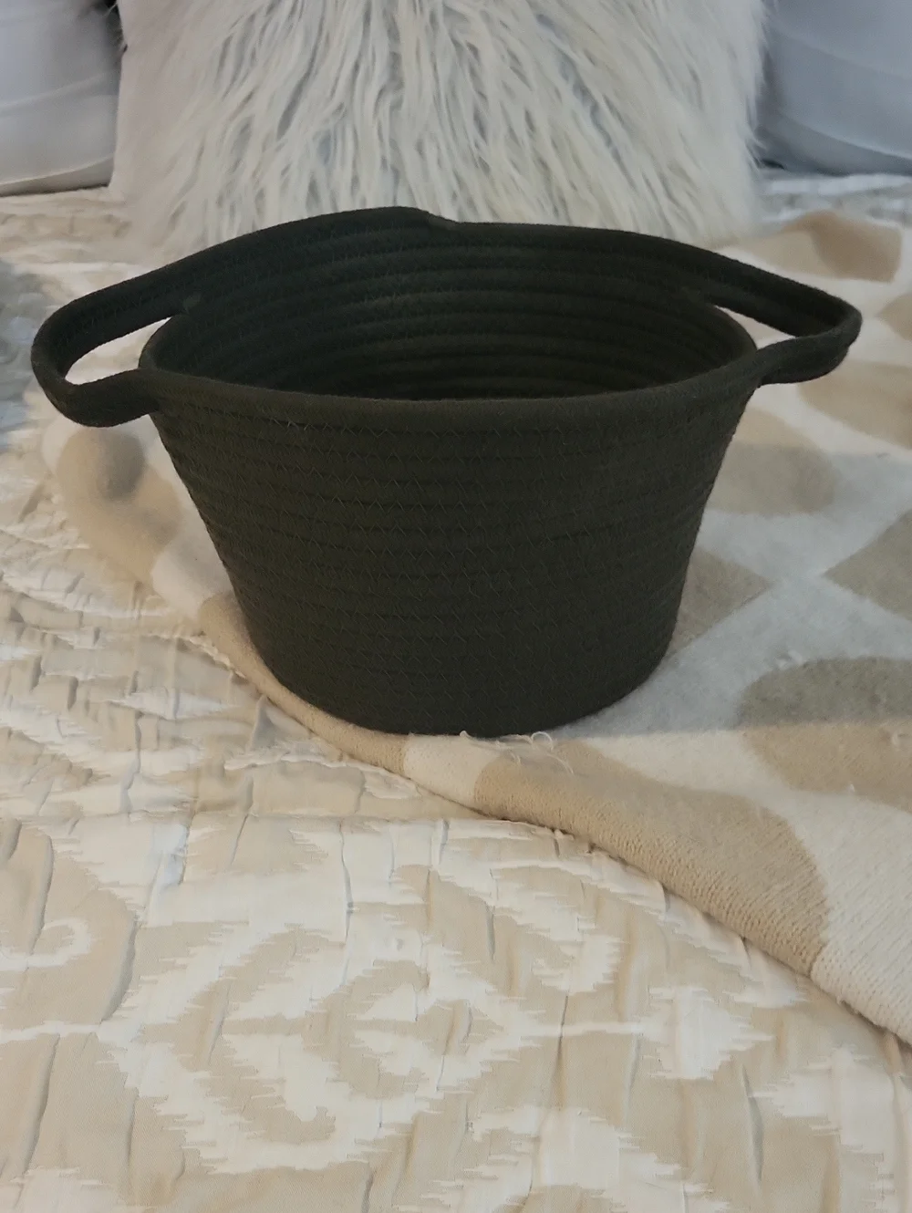Adorable Small Gray Woven Fabric Storage Basket 🩶 Boho Farmhouse Fall